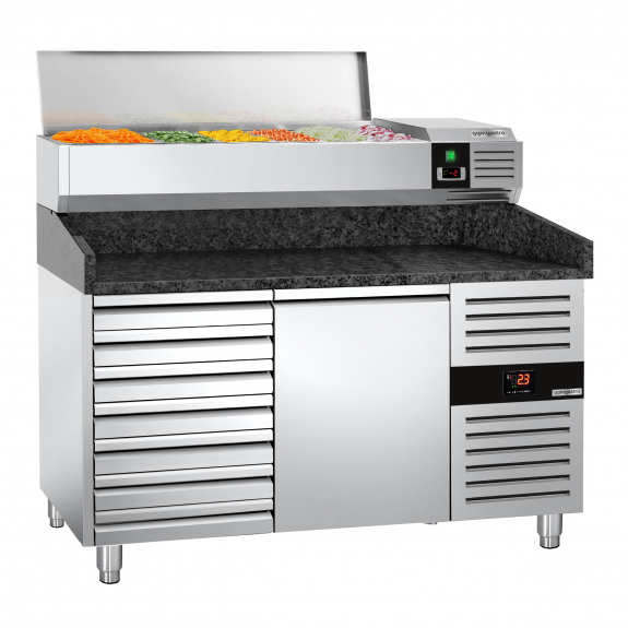 Холодильный стол для пиццы с настольной витриной PREMIUM - 1,5 x 0,8 m/ 1 дверь/7 нейтральных выджвижных секции / объем: 190 л GGM Gastro - 4