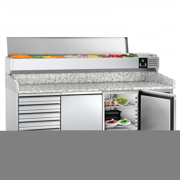 Холодильный стол для пиццы с настольной витриной PREMIUM - 2,0 x 0,8 m/ 2 двери, 7 выдвижн.секций / объем: 390 л GGM Gastro - 2