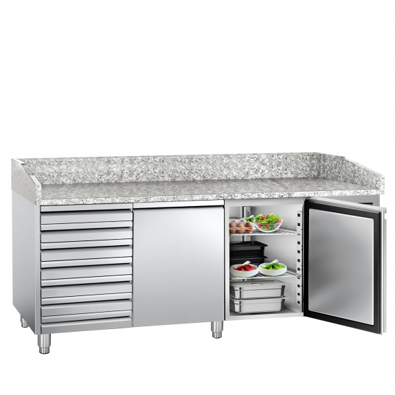 Холодильний стіл для піци PREMIUM - 2,0 x 0,8 m - 2 скляних дверей та 7 шухляд GGM Gastro - 2