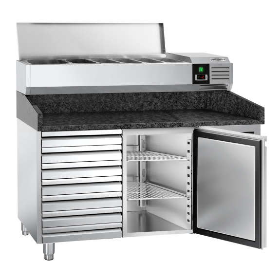 Холодильный стол для пиццы с настольной витриной PREMIUM - 1,5 x 0,8 m/ 1 дверь/7 нейтральных выджвижных секции / объем: 190 л GGM Gastro - 3