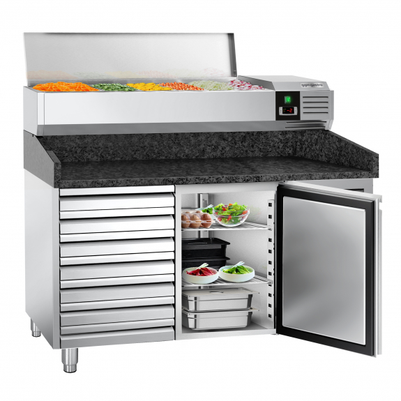 Холодильный стол для пиццы с настольной витриной PREMIUM - 1,5 x 0,8 m/ 1 дверь/7 нейтральных выджвижных секции / объем: 190 л GGM Gastro - 2