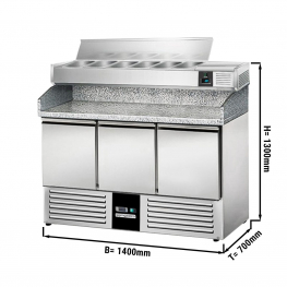 Холодильний стіл для піци з вітриною з з нержавіючої сталі  PREMIUM 1,4 x 0,7 м / 3 двері / 368 л GGM Gastro